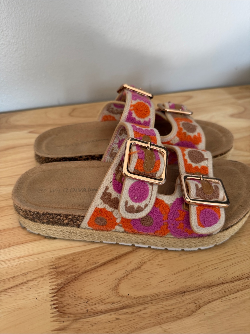 Wild Diva Floral Embroidered Dual-Buckle Slide Sandals - Orange Pink Brown